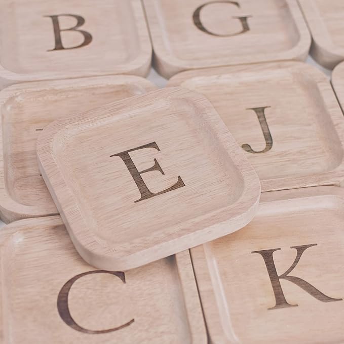 I'm Wooden Personalized Letter Catchall Valet Tray Trinket Dish Jewelry Tray Key Bowl Decorative Plate Organizing Ring Earrings Necklaces Bracelet Watch Coins Wallet Holder (6"x6" Sq Natural K)
