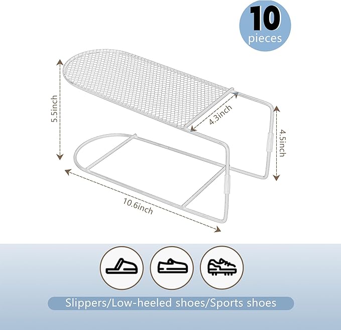 CiBiZi Shoe Slots Organizer 10Pack Metal Shoe Stackers for a Pair of Shoes Display Shelf Shoe Holder Storage Closet Organizers Space Saver Organizador de Zapatos White
