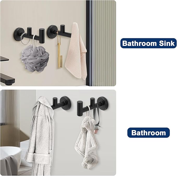 NearMoon Bathroom Double Towel Hook- SUS304 Stainless Steel Robe Towel Holder, Heavy Duty Double Coat Hook for Bathroom Livingroom Kitchen Wall Mounted (Matte Black-F, 2 Pack)
