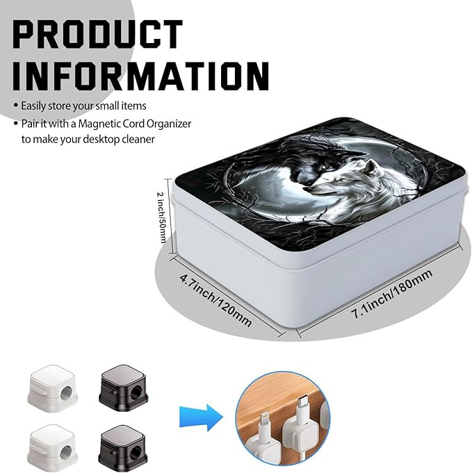 Metal Tin Box with Lid,Multi-functional Storage Large Box Can Store Tea Biscuits Game Cards, Playing & Tarot Cards-Comes with 4 Magnetic Cord Clips,Black and White Twin Wolves