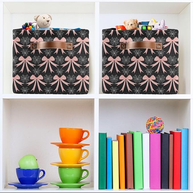 Web Bow Pattern Storage Basket,Large Storage Bin Fabric Collapsible Organizer Bag with Handles 15x11x9.5 inch
