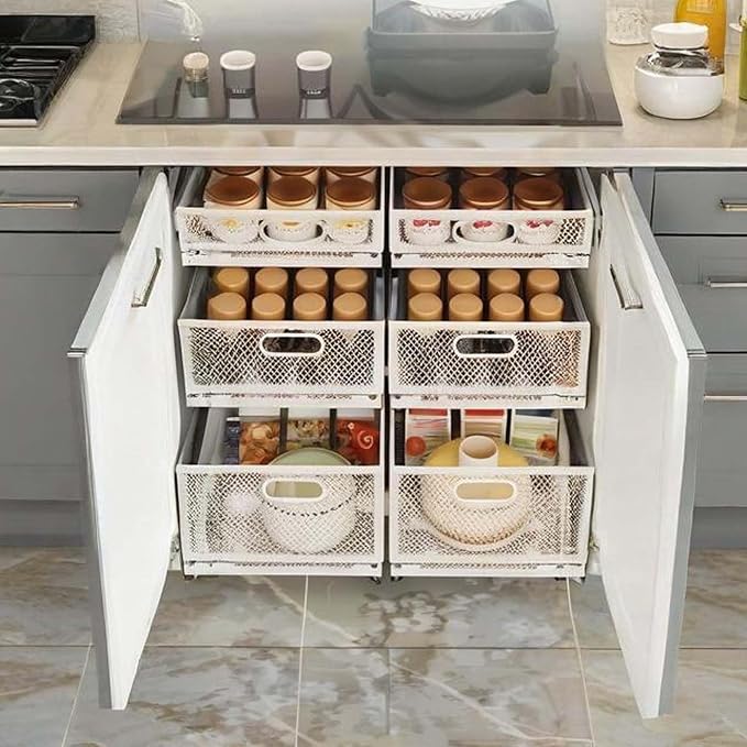 Pull-Out Cabinet Organizer W 9.4"x D 15.7"XH 8.3" Metal Steel Slide Basket with Adhesive Rails for Kitchen, Closet, Pantry Storage bathroom Sliding Drawer Rack undersink shelf