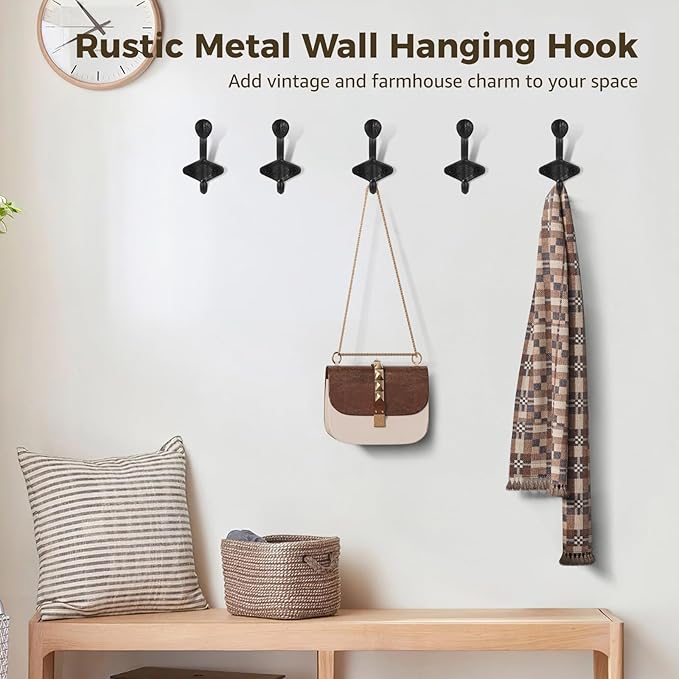 5 PCS Vintage Coat Hooks, Rustic Metal Wall Hooks, Farmhouse Wall Hangers with Screws, Black Iron Hooks for Coats Hats Bags Towels, Entryway Bathroom Kitchen