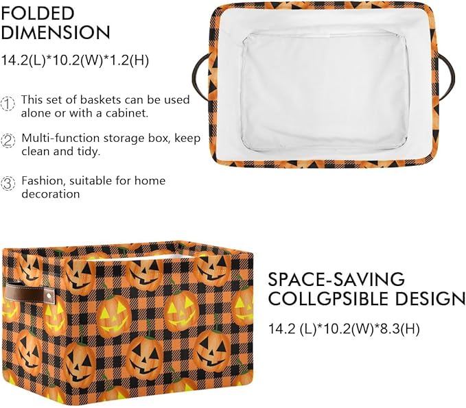 Bolaz Halloween Pumpkin Orange Buffalo Plaid Storage Basket,Large Storage Bin Fabric Collapsible Organizer Bag with Handles 15x11x9.5 inch