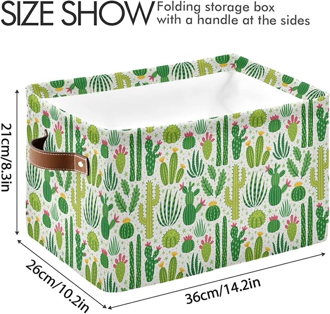 Bolaz Large Storage Basket Green Cacti Cactus Foldable Storage Box Organizer Bins with Handles for Bedroom Home Office