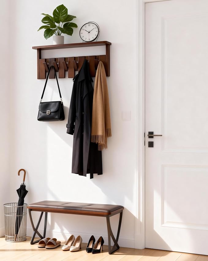 Wooden Coat Rack Wall Mount with Shelf, Heavy Duty Entryway Organizer with 8 Hooks,Coat Hooks Hanger for Coats, Hats, Bags & Towels, Walnut Wall Hanger for Hallway, Bedroom, Kitchen (6 Hooks)