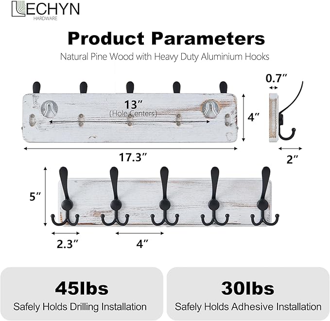 Rustic Wooden Coat Rack Wall Mount with 5 Hooks, Farmhouse Wood Coat Hanger Wall Mount Heavy Duty for Hanging Jacket Coat (White)