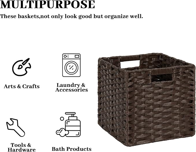 DULLEMELO Wicker Storage Bins 11x11 Storage Cubes for Organizing Plastic Woven Baskets for Storage Set of 2 Waterproof Woven Storage Cube Organizer for Pantry Closet Set of 2 - Deep Coffee