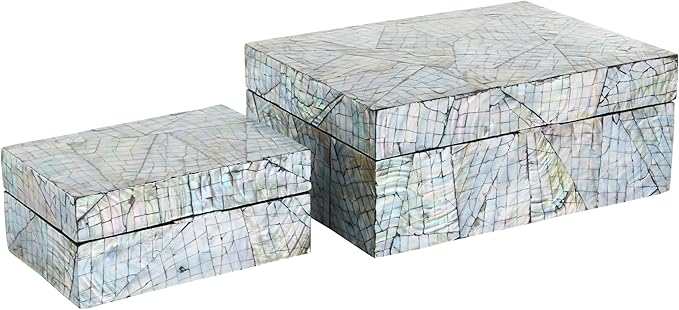 Deco 79 Mother of Pearl Shell Abstract Handmade Decorative Box Angular Mosaic Storage Decorative Keepsake Box with Iridescent Finish, Set of 2 Storage Box 12", 8"W, Multi Colored