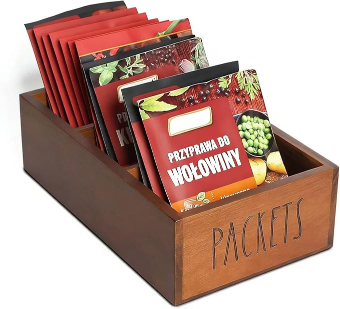 Packet Organizer, Acacia Wood Packet Storage Organizer with 3 Compartments,Farmhouse Kitchen Organization for Spice, Gravy, Taco, and Dressings Packets for Kitchen (Brown Label PACKETS)