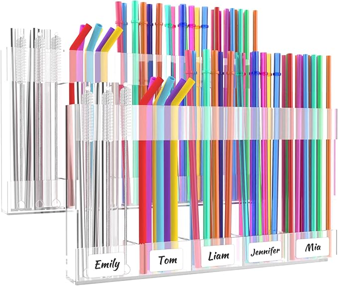 2 Pack 9.5” Large Acrylic Straw Holder for Cabinet Door with Detachable Ultra Sticky Adhesive Squares and Stickers, 2026 Reusable Straws Organizer Storage Dispenser for Kitchen Counter Cupboard