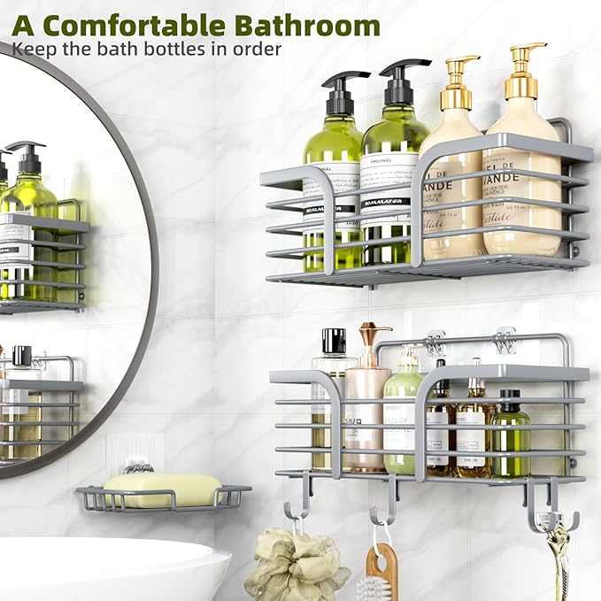 Yougai Shower Caddy, Shower Organizer with Soap Holder and Hooks, Rustproof Shower Shelves, No Drilling Bathroom Organizers and Storage, Wall-Mounted Kitchen & Home Decor (Light Grey)