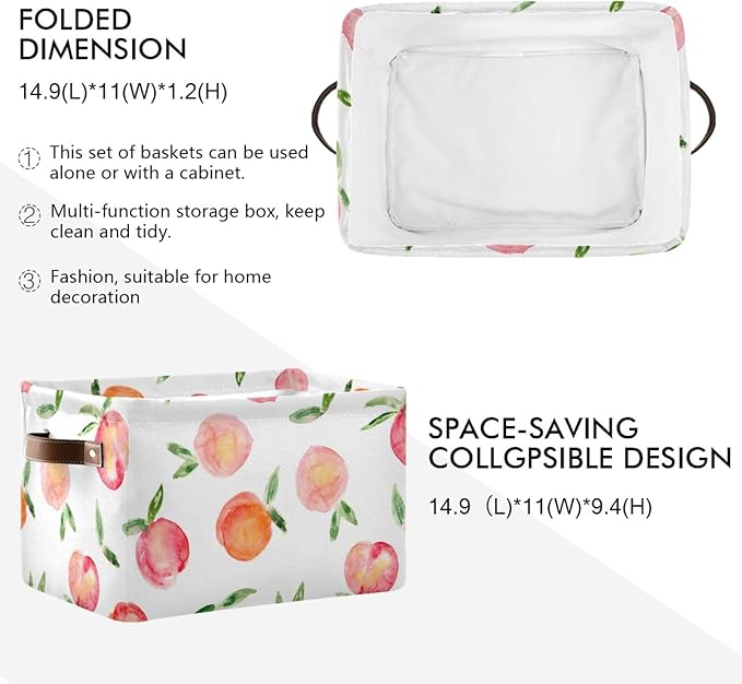 susiyo Large Foldable Storage Bin, Watercolor Peaches Fabric Storage Baskets Collapsible Decorative Baskets Organizing Basket Bin with PU Handles for Shelves Home Closet Bedroom Living Room-2Packs