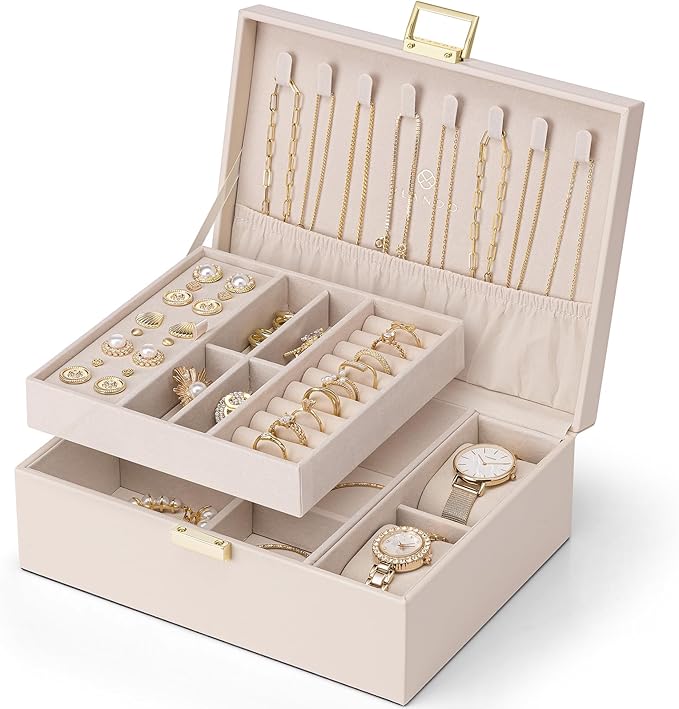 VLANDO 2 Layer Jewelry Boxes Large Jewelry Organizer for Women Removable Jewelery Tray for Watch Necklace Earrings Rings Bracelets Wedding Gifts Bride Gifts(Apricot White)