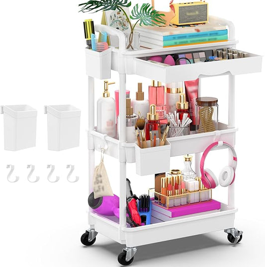 Goovilla 3 Tier Rolling Utility Cart Organizer with Removable Drawer, Stable and Sturdy White Rolling Storage Carts with 2 Lockable Wheels for Bathroom, Kitchen, Snack, Craft, Makeup, Baby Essentials