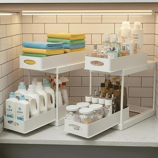 2 Pack Under Sink Organizer, Pull Out Cabinet Storage Organizers for Bathroom & Kitchen, Multi Purpose Under Counter Shelf Rack, Slide out Under the Sink Storage, Cabinet Organizer (White)