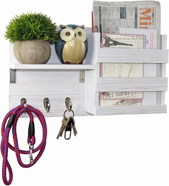 Spiretro Wall-Mounted Key Hooks Holder and Mail Sorter - Rustic Wood White - Entryway Organizer for Letters, Leashes, and Purses - Floating Shelf, 16.5” W x 9.75" H x 4.5” D