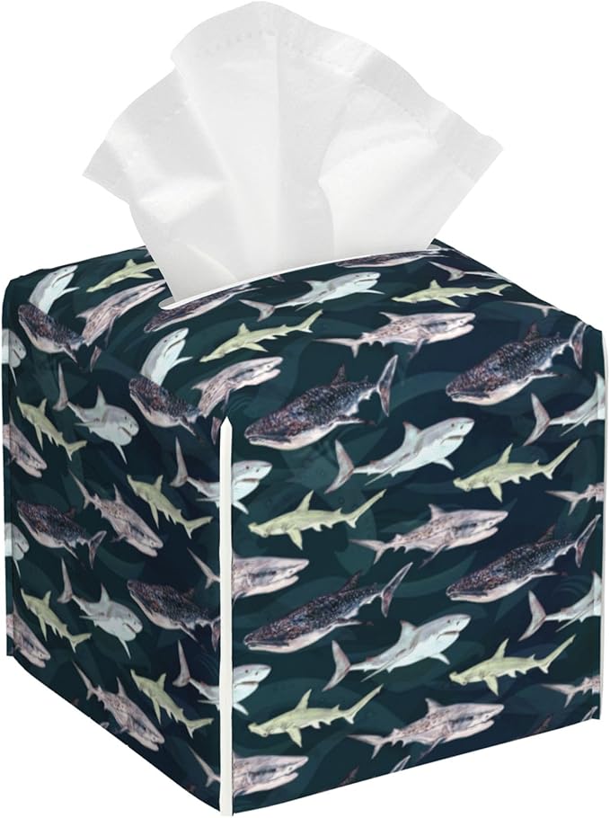 Tissue Box Holder Watercolor Shark Square Leather Tissue Box Cover Modern Cube Facial Paper Cover Case for Bathroom Vanity Countertop Night Stands Tabletop
