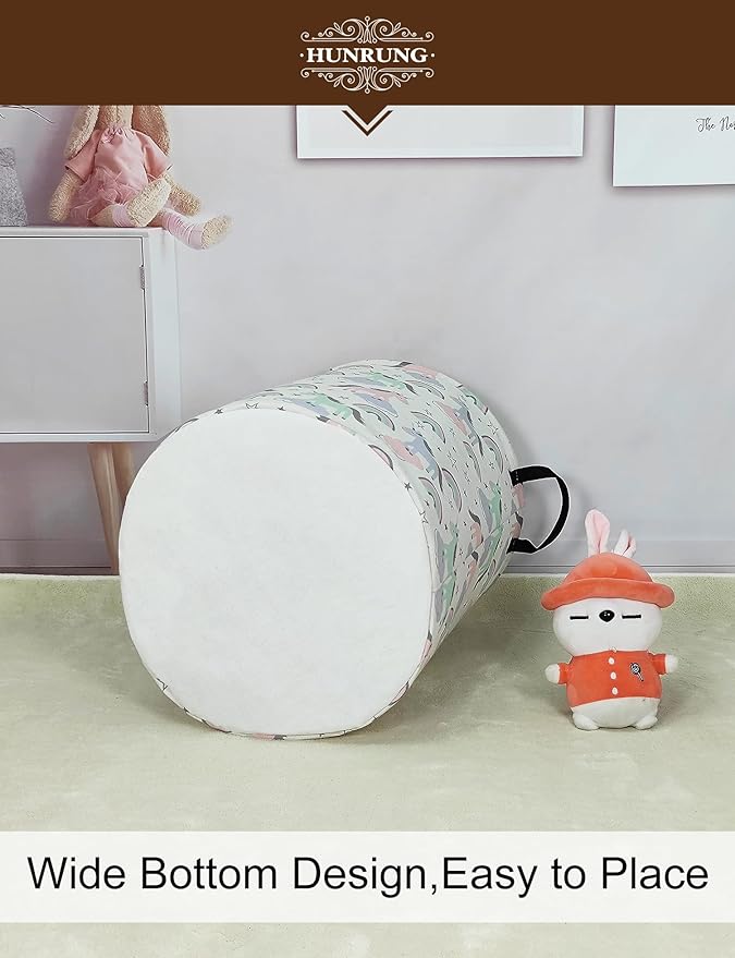 HUNRUNG Laundry Hamper,Large Canvas Fabric Lightweight Storage Basket Toy Organizer Dirty Clothes Collapsible Waterproof for College Dormsï¼Round-Star Unicornï¼