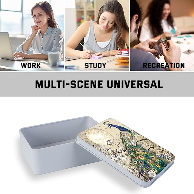 Metal Tin Box with Lid,Multi-functional Storage Box Can Store Tea Biscuits Game Cards, Playing & Tarot Cards-Comes with 4 Magnetic Cord Clips,Peacock by Moon