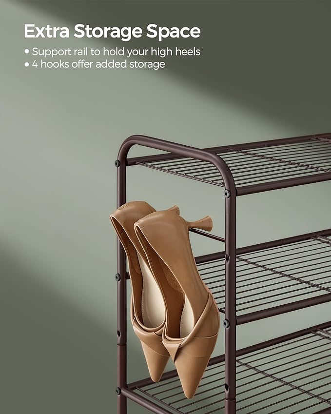 SONGMICS Shoe Rack, 3-Tier Shoe Organizer, Metal Shoe Shelf Storage with 4 Side Hooks, Holds 18 Pairs of Shoes, Height-Adjustable Shoe Rack for Entryway, Hallway, Closet, Chestnut Brown ULMR131A01