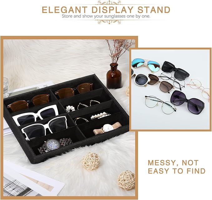 Emibele Glasses Organizer Jewelry Tray, 8 Grids Velvet Tray Watch Storage Stackable Jewelry Showcase Display Storage with Detachable Inner Dividers, Black