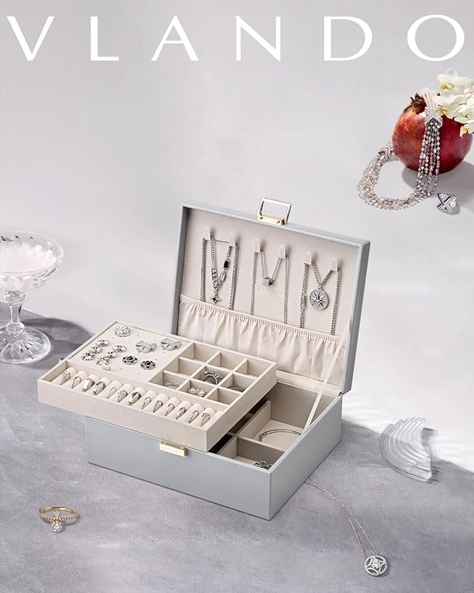 Vlando 2 Layer Jewelry Box Large Jewelry Organizer for Women Removable Jewelery Tray for Necklace Earrings Rings Bracelets Jewelry Boxes Christmas Birthday Gifts for Women(Grey)