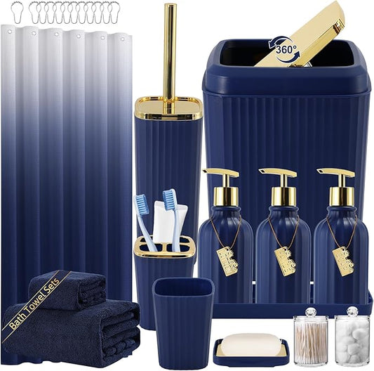 32PCS Bathroom Accessories Set Bathroom Set,Navy Blue Shower Curtain Set,Bath Towel Set,Hand Towel,Toilet Brush,Trash Can & 3PCS Soap Dispenser