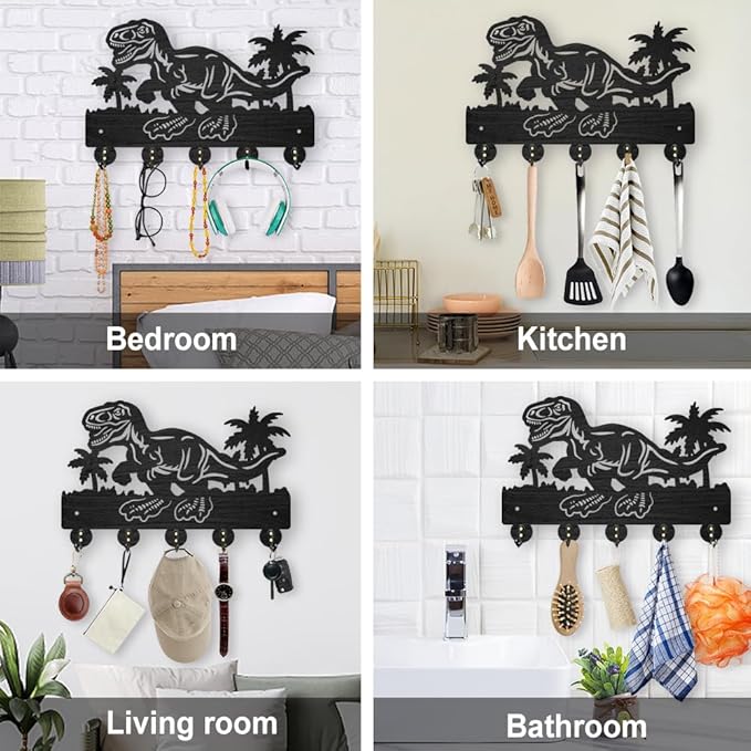 MAYJOYDIY Wood Dinosaur Coconut Tree Coat Rack Ancient Animal Key Holder for Wall 11.8×7.9inch Decorative Tropical Palm Tree Key Hooks 5 Alloy Hooks for Gift, Entryway, Front Door, Hallway, Office