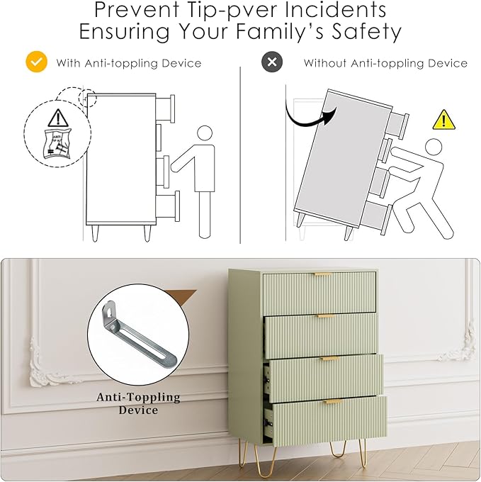 Masupu 4 Drawer Dresser, Drawer Chest, Tall Storage Dresser Chest Cabinet Organizer Unit with Gold Metal Legs, Nightstand for Bedroom, Living Room, Closet, Hallway Green Stripe