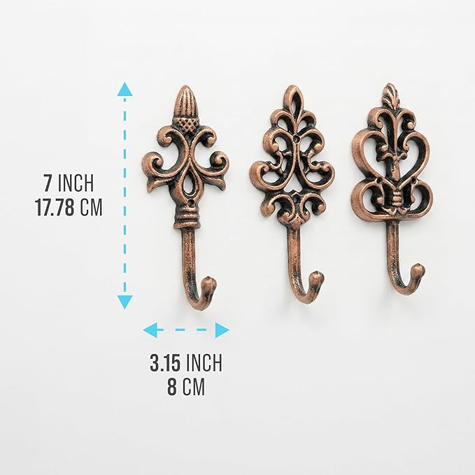 Comfify Shabby Chic Decorative Wall Hooks - Set of 3 - Cast Iron French Country Wall Decor - Farmhouse Hangers for Coats, Purses and More - Copper with Black