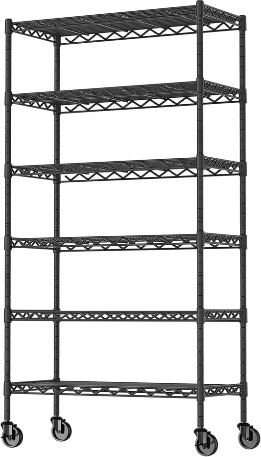 6-Shelf Adjustable Heavy Duty Storage Shelving Unit, Metal Organizer Wire Rack for Laundry Bathroom Kitchen Pantry Closet with Wheels, Black