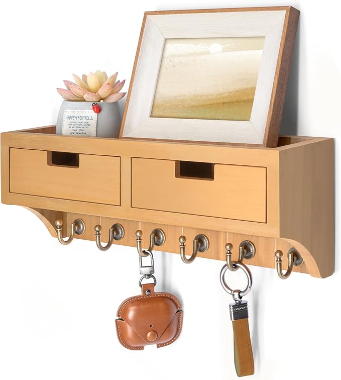 Rebee Vision Key Holder Wall Mount with 2 Drawer Organizer & Key Hooks - Farmhouse Key and Mail Holder for Wall with Shelf for Room Decor Aesthetic - Rustic Home Organization (Light Brown)