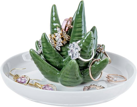 MyGift Decorative White Ceramic Ring Tray for Jewelry, Ring Cone and Trinket Tray with Raised Heart Design (Ceramic Aloe)