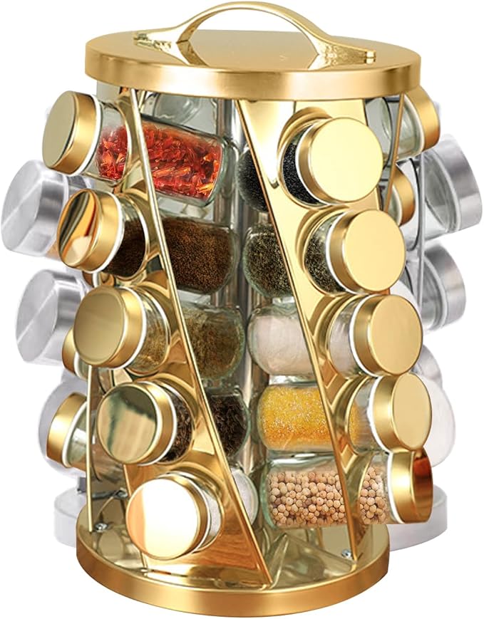 TINMIX Portable Stainless Steel Spice Rack with 20 Spice Jars Included Revolving Spice Organizer for Kitchen Tower Storage Rack for Spices and Seasoning Gold