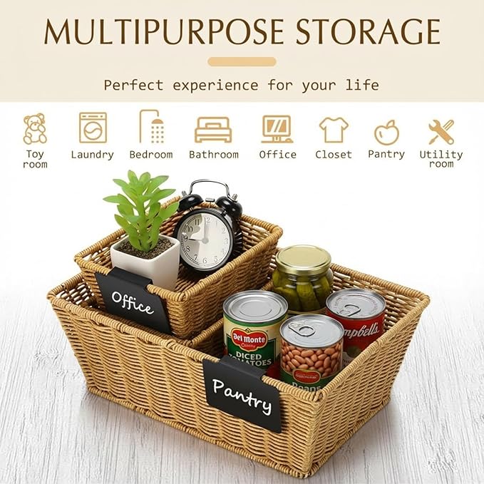 Marsui 6 Pcs Wicker Storage Baskets with Labels Handwoven Multi-size Natural Wicker Storage Bins for Organizing Small Baskets Container for Shelves Closet Pantry Toilet(Natural)