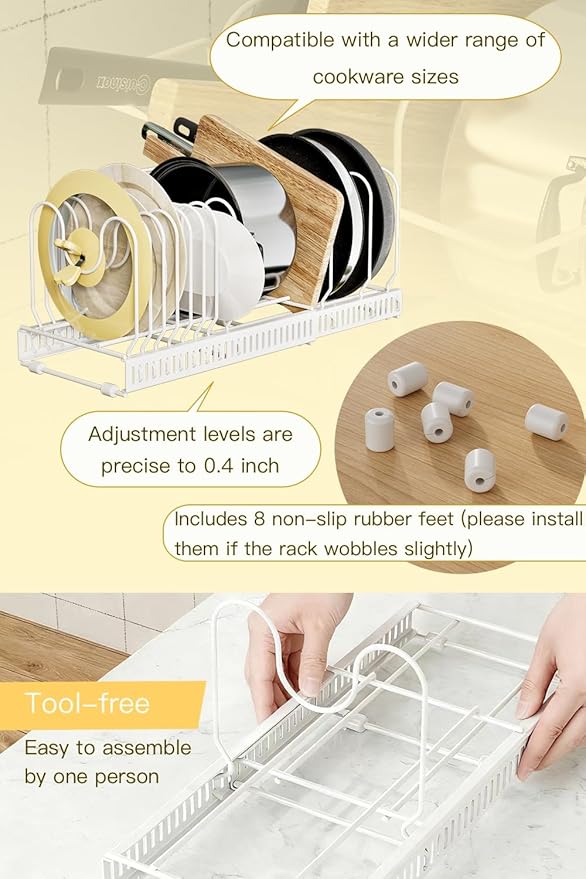 Pot and Pan Organizer for Cabinet & Drawer, Expandable Pan and Lid Rack with Handle Support Bar, Adjustable Cookware Storage for Pots, Lids, Bakeware