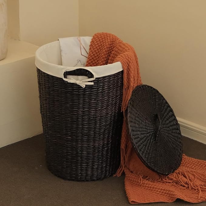 Hand-Woven Wicker Laundry Basket with Lid, 20 Gal (75 L) Large Laundry Hamper with Removable Liner for Laundry Room and Home Decor, Artisan Coffee (21"H x 15.7"D)
