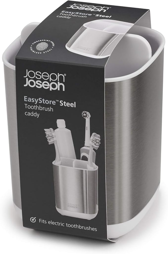 Joseph Joseph EasyStore Stainless-Steel Toothbrush Holder Bathroom Storage Countertop Organizer Caddy, Small