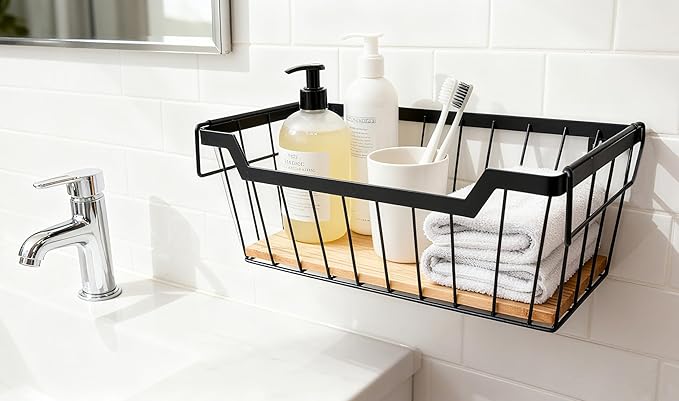 Metal Wire Basket with Handles Storage Organizer Stackable Organizing bin for Cabinet Shelf Countertop Under Sink Pantry for Kitchen,Bathroom,Laundry Closet, 1 Pack