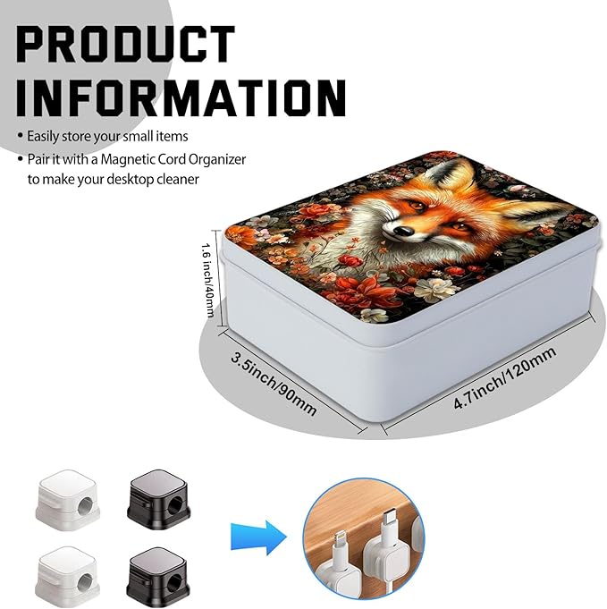 Metal Tin Box with Lid,Multi-functional Storage Box Can Store Tea Biscuits Game Cards, Playing & Tarot Cards-Comes with 4 Magnetic Cord Clips,Fox Surrounded by Flowers