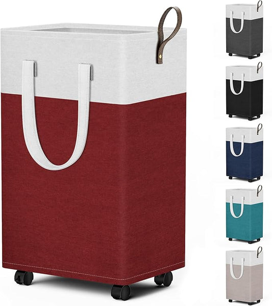 HomeHacks 75L Rolling Laundry Basket with Wheels, Collapsible & Waterproof Laundry Hamper, Mobile Clothes Hamper, Storage Laundry Bins with Handles for Laundry Room, Bedroom, Bathroom & Dorm, Red