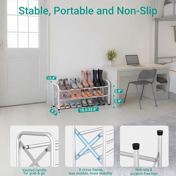 2-Tier Expandable Shoe Rack for Closet Floor, X-Frame Metal Small Shoe Rack for Entryway, Adjustable Shoe Shelf Organizer, Free Standing Shoe Racks for Front Door Entrance, Garage - White