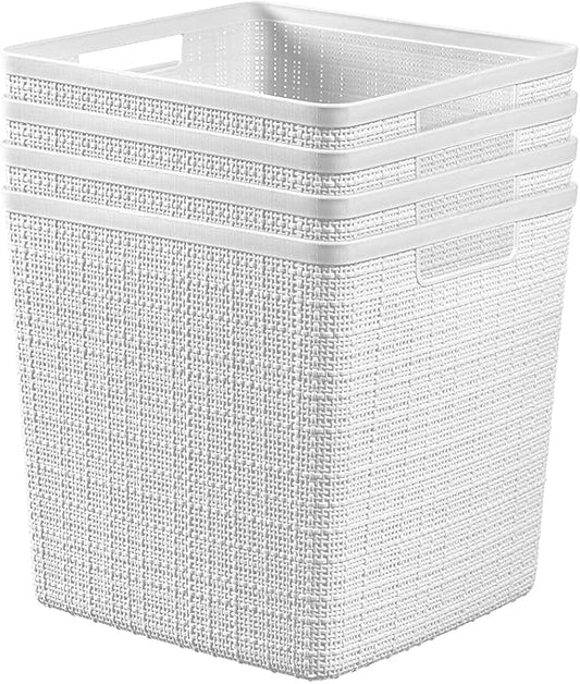 Curver Set of 4 Large Cube 17L Jute Decorative Plastic Organization and Storage Baskets - Perfect Bins for Home Office, Closet Shelves, Kitchen Pantry and All Bedroom Essentials, White