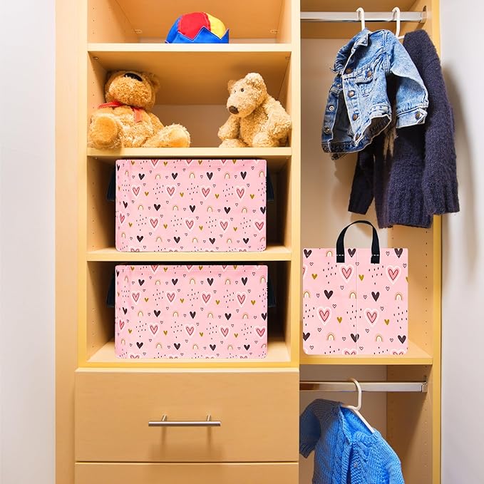 valentines basket Rec Pink Heart Print Box Hamper Storage Basket Collapsible Organizer Bin Gift Shelf Baskets for Home and Kitchen Storage