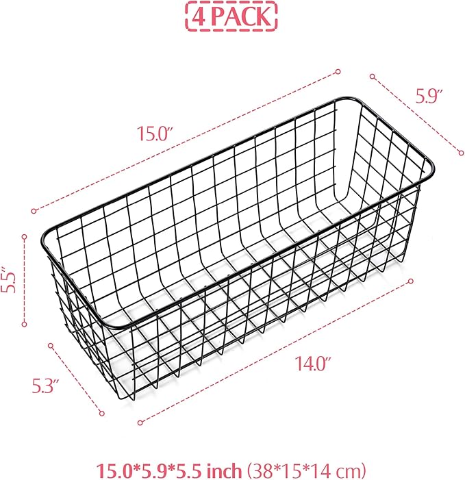 4 Pack Wire Storage Baskets Household Metal Wall-Mounted Containers Organizer Bins for Kitchen Bathroom Freezer Pantry Closet Laundry Room Cabinets Garage Shelf, Large