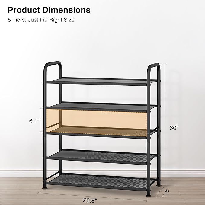 STO STO 5-Tier Shoe Rack with Sturdy Mesh Shelves, Heavy Duty Metal Shoe Organizer for Entryway, Closet, Garage, Front Door, Holds 15 Pairs, Free Standing Shoe Storage Shelf, Adjustable Feet, Black