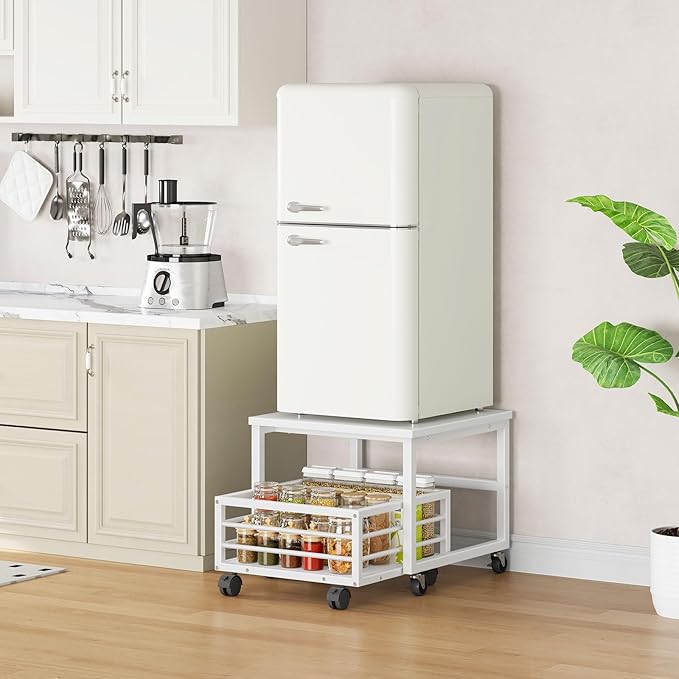 HOOBRO Mini Fridge Stand with Movable Storage Basket, Mini Fridge Cabinet with Wheels and Adjustable Feet, Sturdy Metal Frame, for Kitchen, Living Room, Office, White WW155TL01