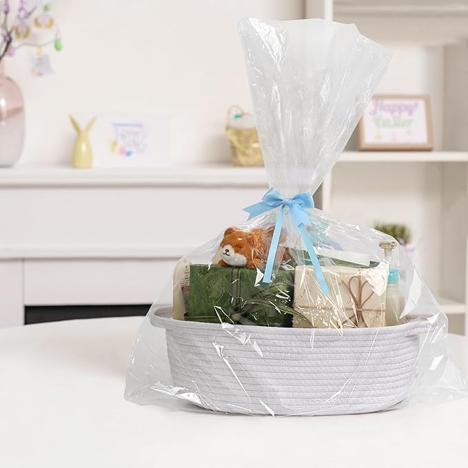White Small Woven Basket, 13â x 9â x 5â Baskets for Gifts Empty Cotton Rope, Cute Nursery Baby Storage Organizer, Wicker Cat Toy Bin Box with Handles, Empty Gift Boo Basket