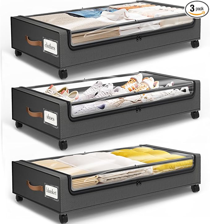 Under Bed Storage with Wheels 3Pack Storage Containers with Clear Window&Label Under Bed Drawers Rolling Under Bed Storage for Clothes,Shoes, Blankets (30.71 x 16.93 x 6.69 in, Dark Grey)